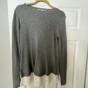 Loft Grey with cream eyelet ruffle on hem line sweater